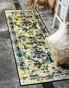 Vintage Distressed Navy Blue Yellow Area Rugs