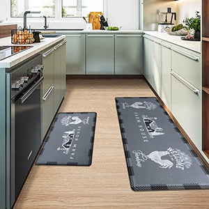 Kitchen Mat Set of 2 Farmhouse Anti Fatigue Floor Mat,Rooster Buffalo Plaid Sunflowers Kitchen Rug Sets PVC Leather Waterproof & Non-Slip Comfort Standing Mats for Kitchen,Sink,Office,Laundry