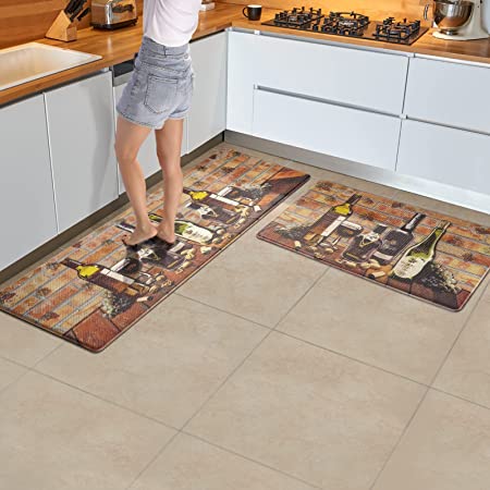 Wine Bottles Anti Fatigue Kitchen Mat Set of 2 Piece, Non-Slip