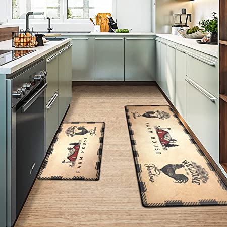 Witzest Farmhouse Brown Kitchen Rug Set of 2 - Comfort Anti-Fatigue Non  Slip Mats, Washable Memory Foam Cushioned Kitchen Mats for Sink, Floor, and