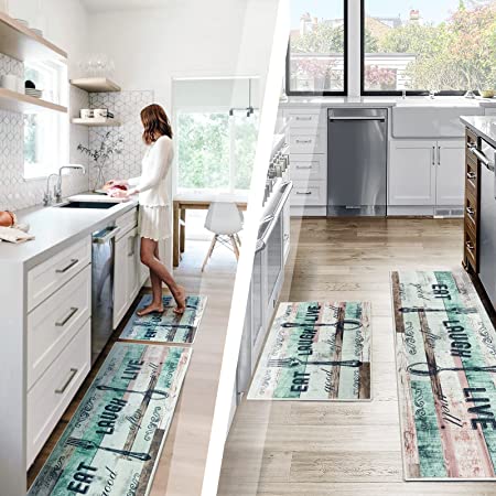 Teal Kitchen Rugs and Mats Non Skid Washable, Kitchen Mat Set of 2