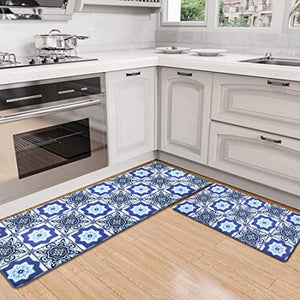 AGELMAT Kitchen Mat,2PCS Boho Kitchen Rug and Mats Memory Foam Comfort Floor Mat, Non-Skid Area Rug Water & Oil Proof Throw Carpet for Kitchen Laundry Sink Blue