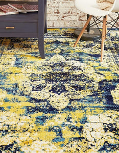 Vintage Distressed Navy Blue Yellow Area Rugs