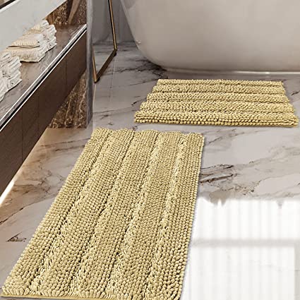 iCOVER Bathroom Rugs Set, Anti-Slip Design Thick Chenille Striped Bath Mats, Strong Absorbent Floor Mats Machine Washable Also for Kitchen, Living Room, Bedroom (32