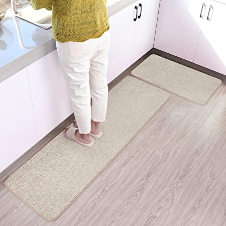 ITSOFT 2pc Non-Slip Kitchen Rug Set Polyester Dirt Trapper Indoor Outdoor Doormat Runner Rug, 59 x 17.5 Inches + 29.5 x 17.5 Inches, Beige