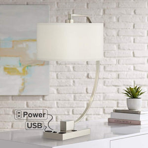 Blanco Nickel Arc Table Lamp with USB Port and Outlets