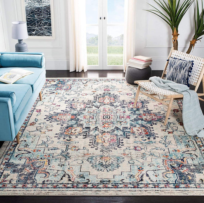 Boho Chic Medallion Distressed Soft Area Rug, Cream / Blue