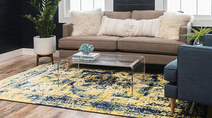 Vintage Distressed Navy Blue Yellow Area Rugs