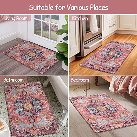 Lahome Bohemian Floral Medallion Area Rug - 2x3 Oriental Distressed Small  Bath Rug Country Vintage Doormat Faux Wool Non-Slip Washable Low-Pile  Carpet