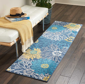 Floral Blue Grey Yellow Soft Area Rug