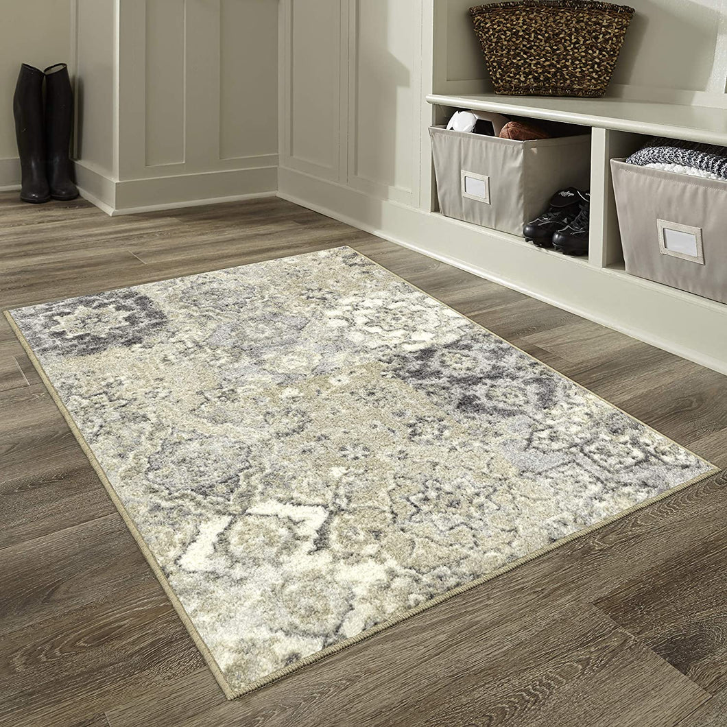 Maples Rugs Vintage Patchwork Distressed Non Skid Washable Throw Rugs Grey