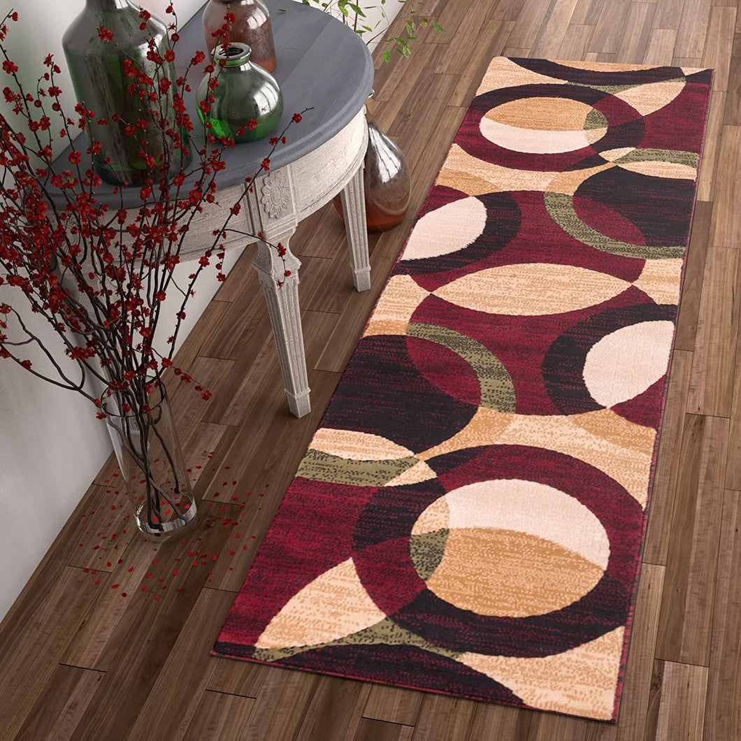 Modern Styling Shapes Circles Multi Color Red Black Beige Thick Soft Area Rug