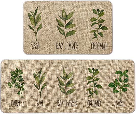 Artoid Mode Parsley Sage Oregano Basil Bay Leaves Decorative Kitchen Mats Set of 2, Seasonal Holiday Party Low-Profile Floor Mat for Home Kitchen - 17x29 and 17x47 Inch