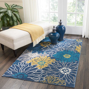 Floral Blue Grey Yellow Soft Area Rug