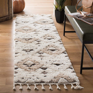 Moroccan Tassel Shag Collection Boho Soft Area Rug Ivory / Brown