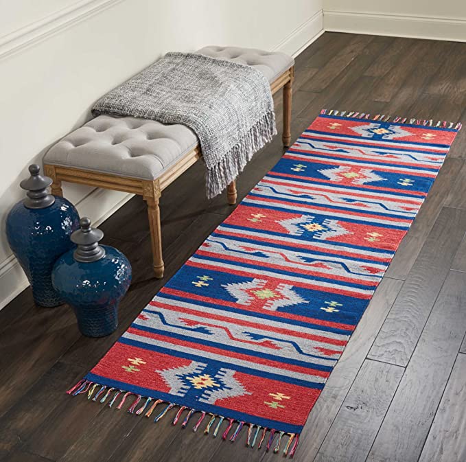 Tribal Cotton Area Rug Blue Red