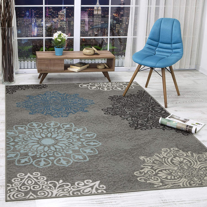 Modern Floral Non-Skid (Non-Slip) Low Profile Pile Rubber Backing Indoor Area Rugs Gray