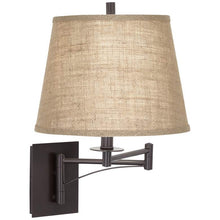 Brinly Brown Burlap Shade Plug-In Swing Arm Wall Lamp with Cord Cover