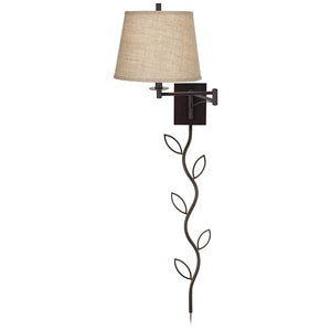 Brinly Brown Burlap Shade Plug-In Swing Arm Wall Lamp with Cord Cover