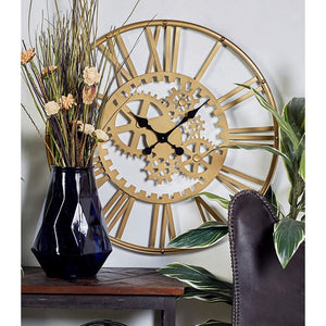 Sinclair Distressed Gold 32" Round Metal Wall Clock