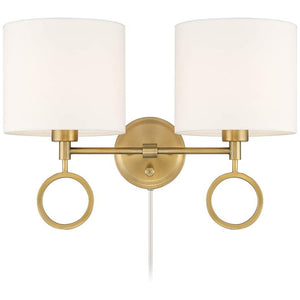 Amidon Antique Brass Drop Ring Plug-In 2-Light Wall Lamp