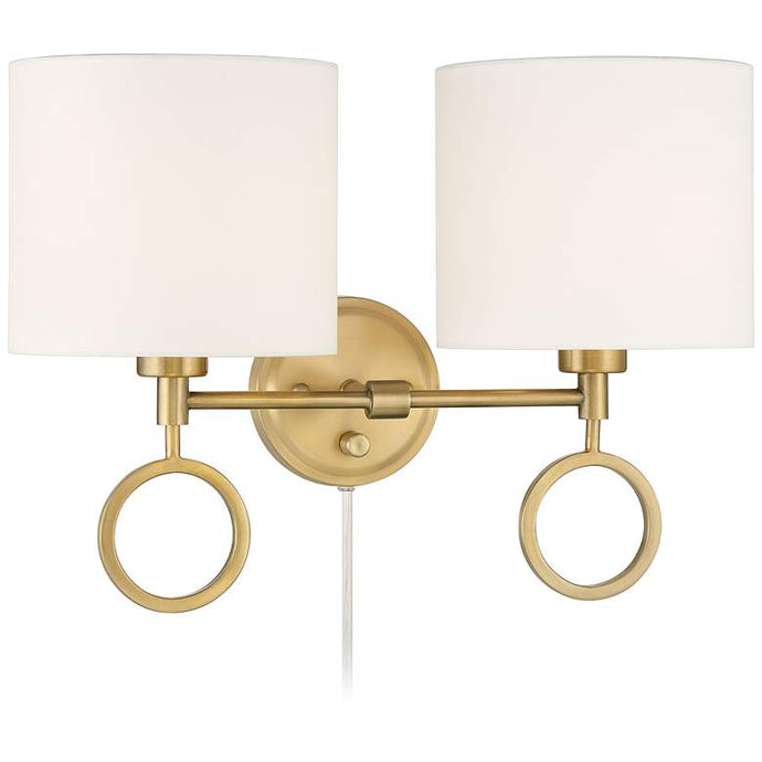 Amidon Antique Brass Drop Ring Plug-In 2-Light Wall Lamp with Cord Cover