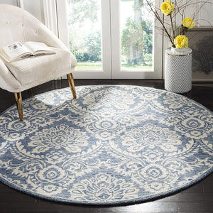 Damask Handmade Premium Wool Area Rug, Blue / Ivory