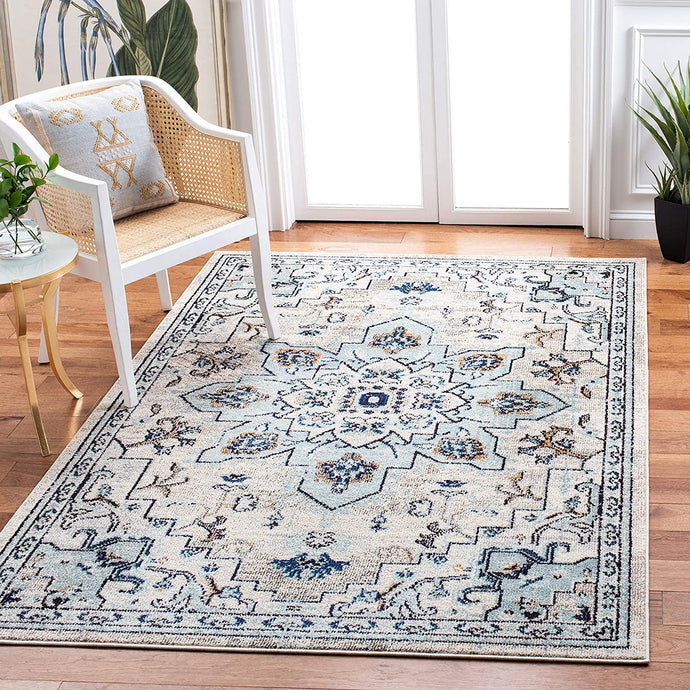 Boho Chic Medallion Distressed Soft Area Rug, Ivory / Light Blue