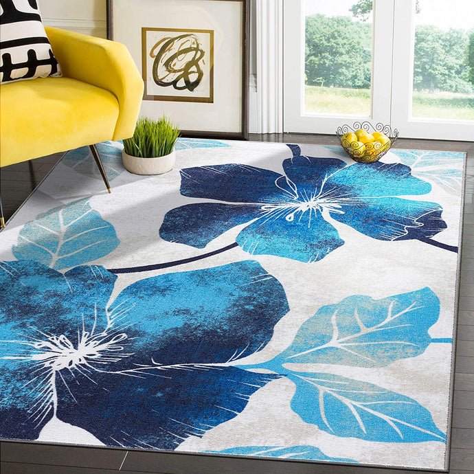 Modern Floral Blue Grey Non Slip Large Flower Area Rug