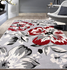 Gray/Grey Red White Floral Area Rugs