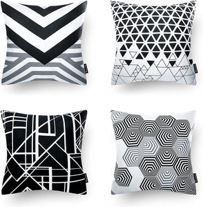 Set of 4 Black Geometric 100% Cotton Throw Pillow Case Cushion Cover