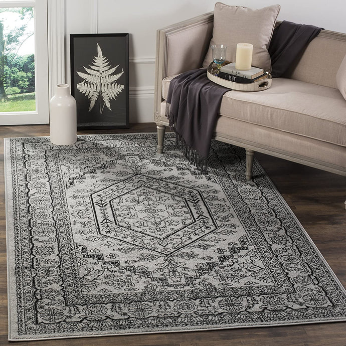 Oriental Vintage Distressed Medallion Silver/Black Soft Area Rug