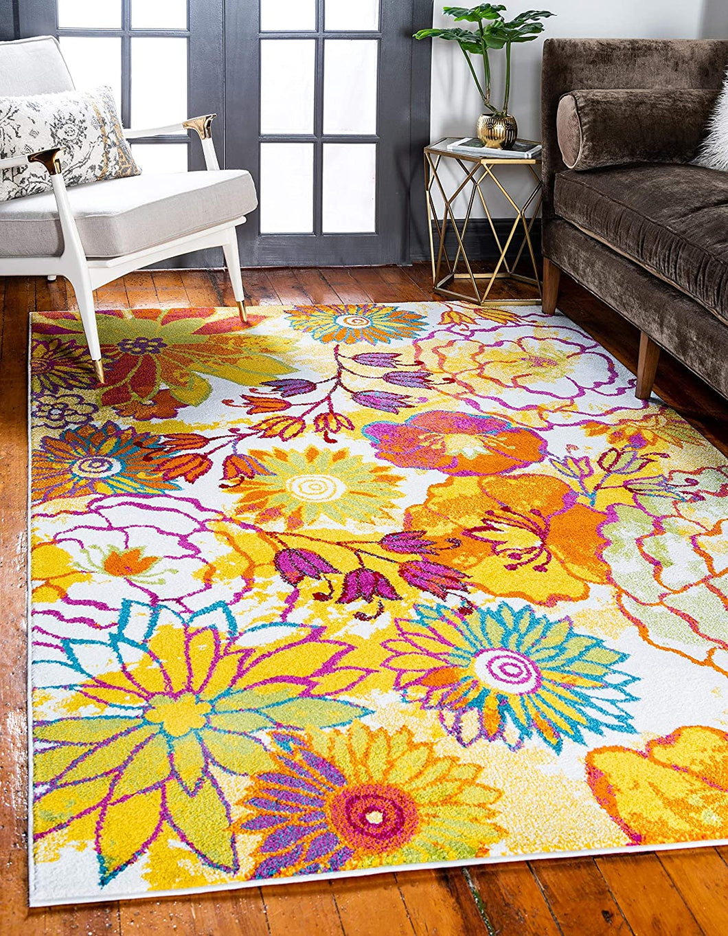 Tuba Modern Floral Runner Rug, Ivory/Yellow