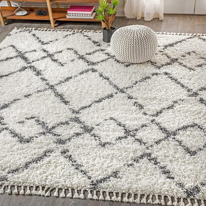 Mercer Plush Tassel Moroccan Tribal Geometric Trellis Cream/Grey Shag Area Rug