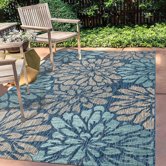 Zinnia Modern Floral Textured Weave Indoor/Outdoor Area Rug Navy/Aqua