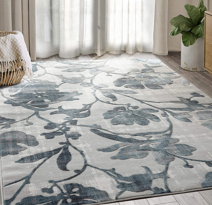 Modern Grey and Blue Floral Area Rug