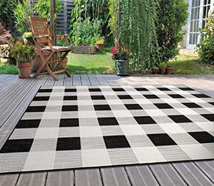 Rugshop Plaid Checkered Flatweave Non-Shedding Backyard Patio Deck Indoor/Outdoor Area Rug 7'10" x 10' Black