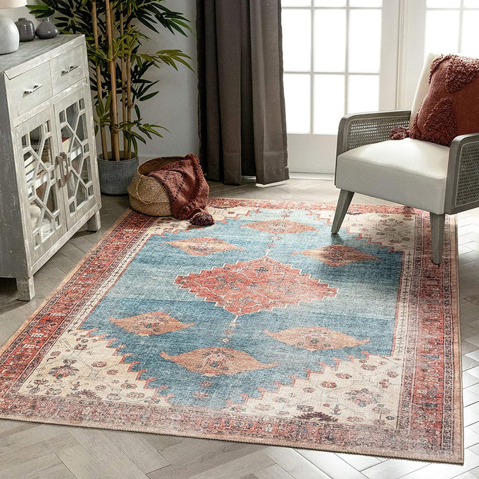 Towne Ivory Blue Vintage Distressed Tribal Medallion Area Rug