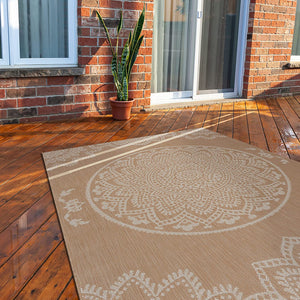 Modern Area Rugs for Indoor Outdoor patios - Medallion - Beige / White