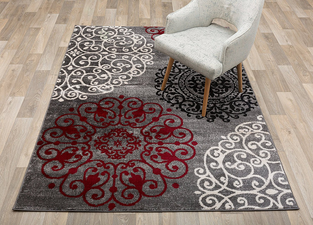 Floral Gray White Red Area Rugs