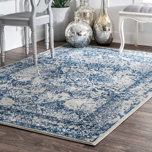 Faded Vintage Floral Damask Distressed Light Blue Soft Area Rug