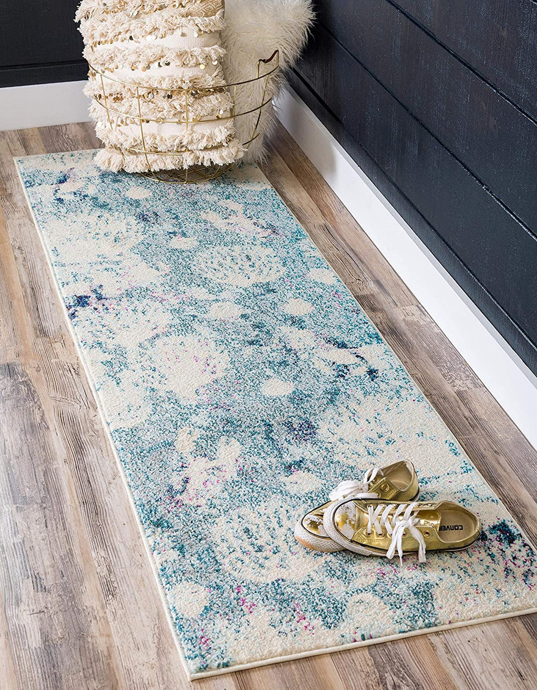 Coastal Modern Coral Lobster Shells Soft Area Rug, Light Blue/Beige