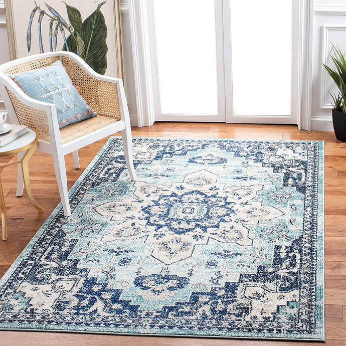 Boho Chic Medallion Distressed Soft Area Rug, Teal / Navy