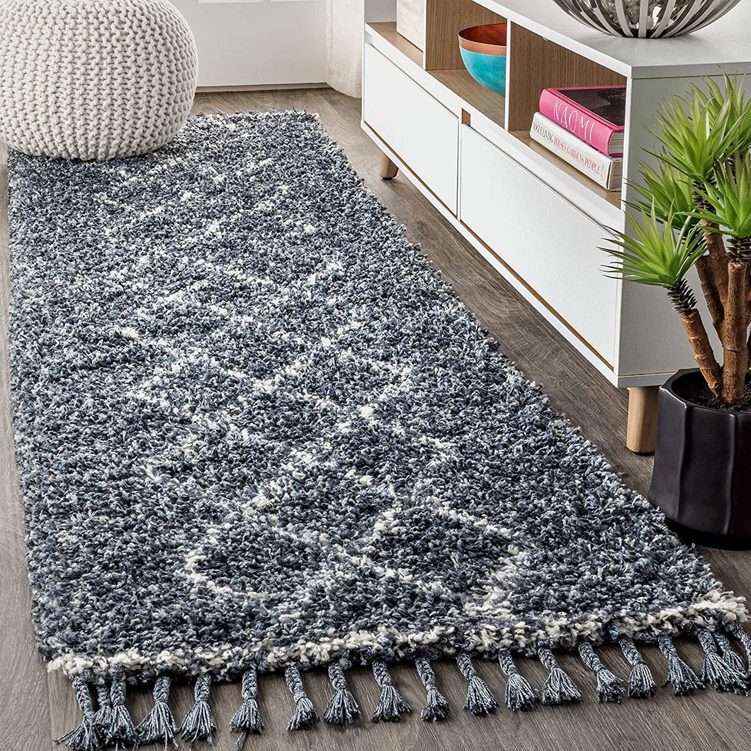 Plush Tassel Moroccan Tribal Geometric Trellis Shag Area Rugs Denim Blue/Cream