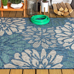 Zinnia Modern Floral Textured Weave Indoor/Outdoor Area Rug Navy/Aqua