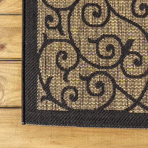 Madrid Vintage Filigree Textured Weave Indoor/Outdoor Black/Khaki Area Rug