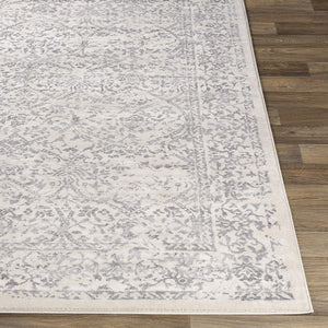 Preston Damask Floral Soft Area Rug, Ivory Grey