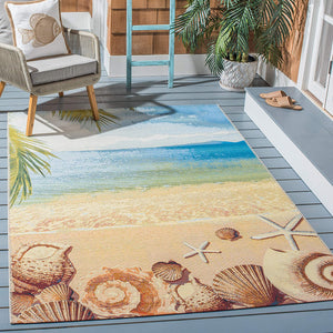 Tropical Beach Seashell Indoor/ Outdoor Patio Backyard Area Rug, Gold / Blue