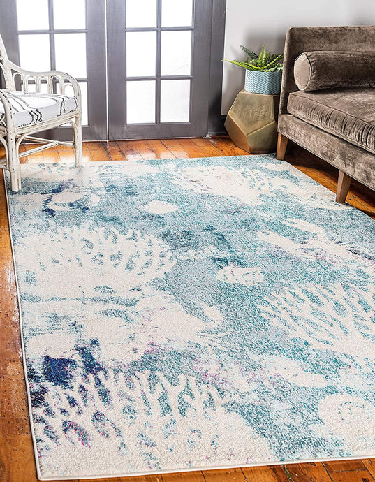 Coastal Modern Coral Lobster Shells Soft Area Rug, Light Blue/Beige