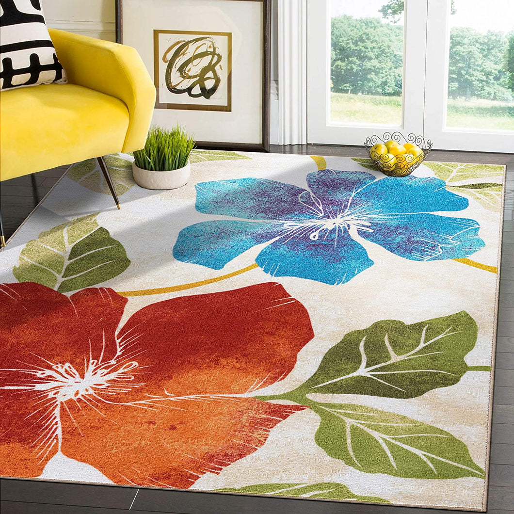 Floral Soft Area Rug - Non Slip Large Flower Carpet for Indoor